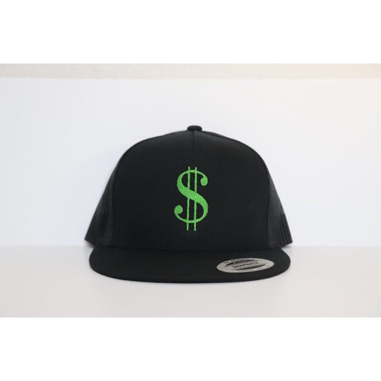 Money Sign Symbol Trucker Mesh Flat Bill SnapBack Hat Unisex (Embroidered)-Black