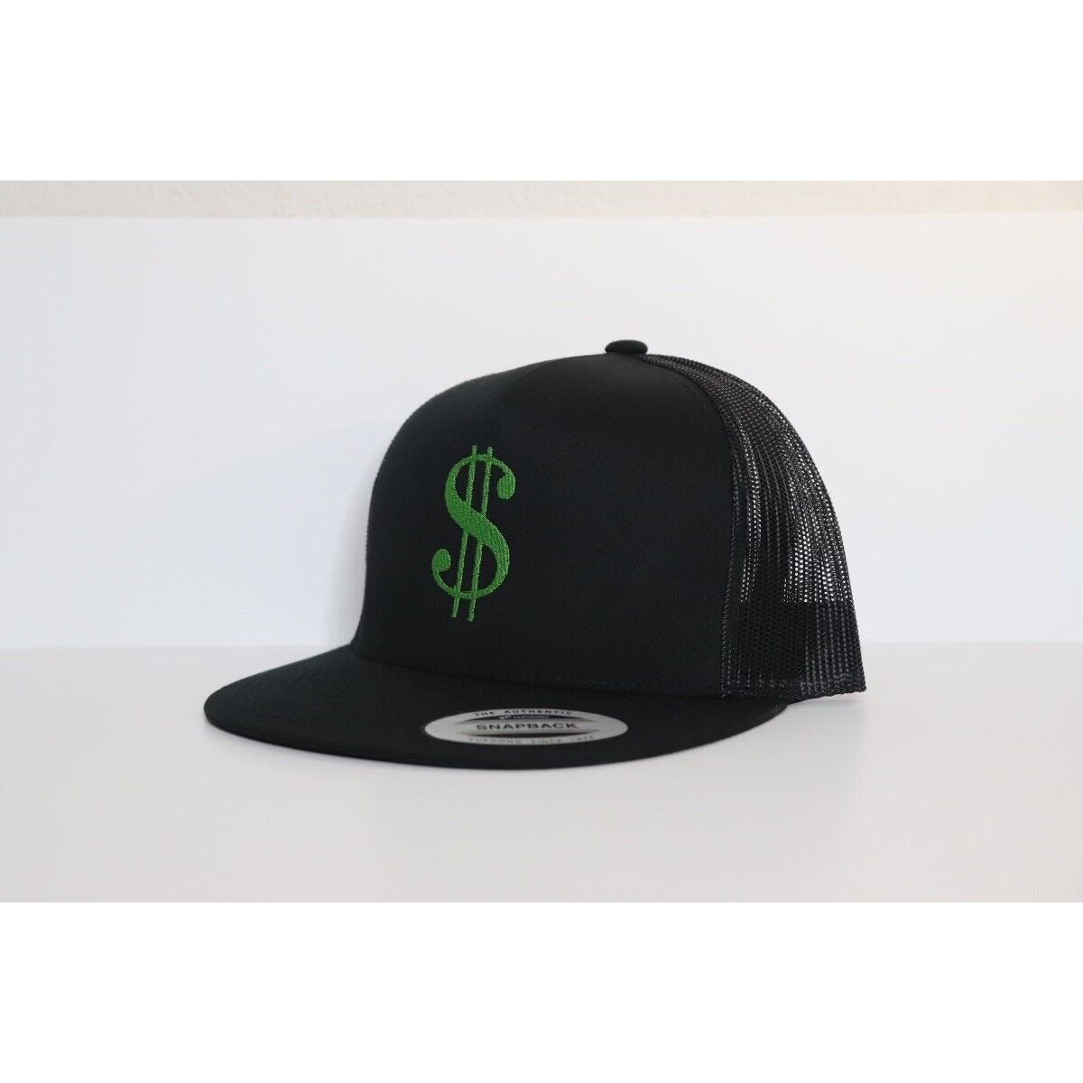 Money Sign Symbol Trucker Mesh Flat Bill SnapBack Hat Unisex (Embroidered)-Black