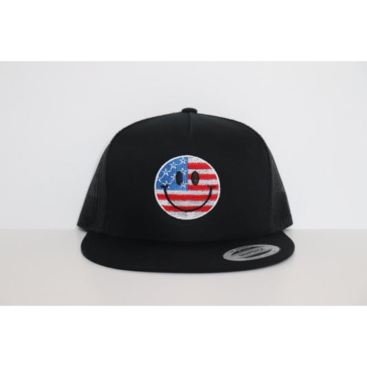 Happy Smiley Face American Flag Pattern SnapBack Hat (Embroidered)