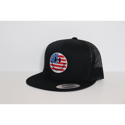 Happy Smiley Face American Flag Pattern SnapBack Hat (Embroidered)