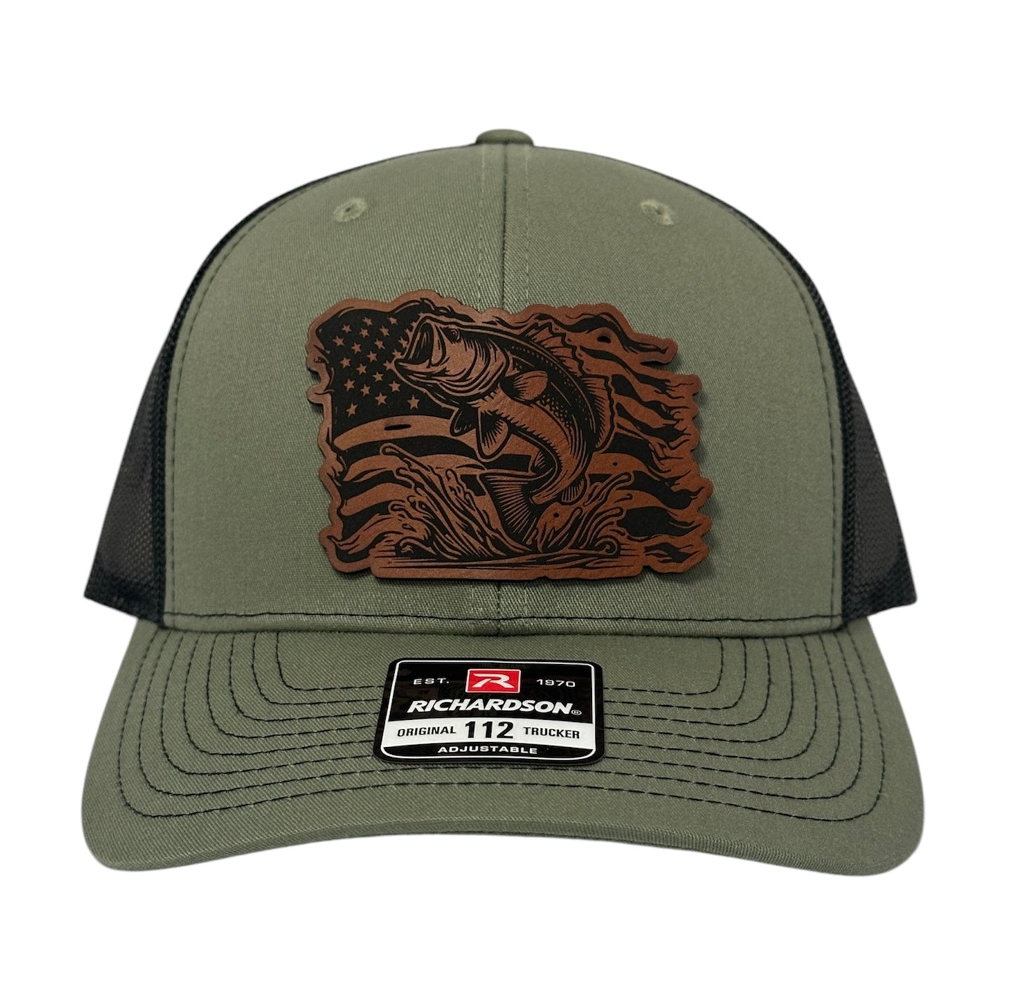 Bass Fishing USA Laser Engraved Leather Patch Trucker Hat - Many Colors