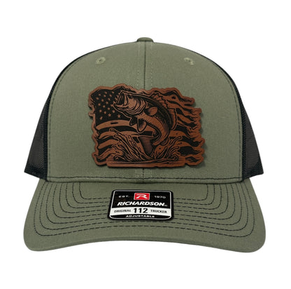 Bass Fishing USA Laser Engraved Leather Patch Trucker Hat - Many Colors