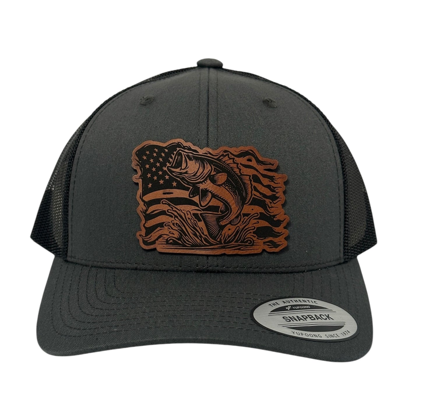 Bass Fishing USA Laser Engraved Leather Patch Trucker Hat - Many Colors