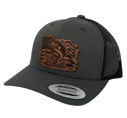 Bass Fishing USA Laser Engraved Leather Patch Trucker Hat - Many Colors